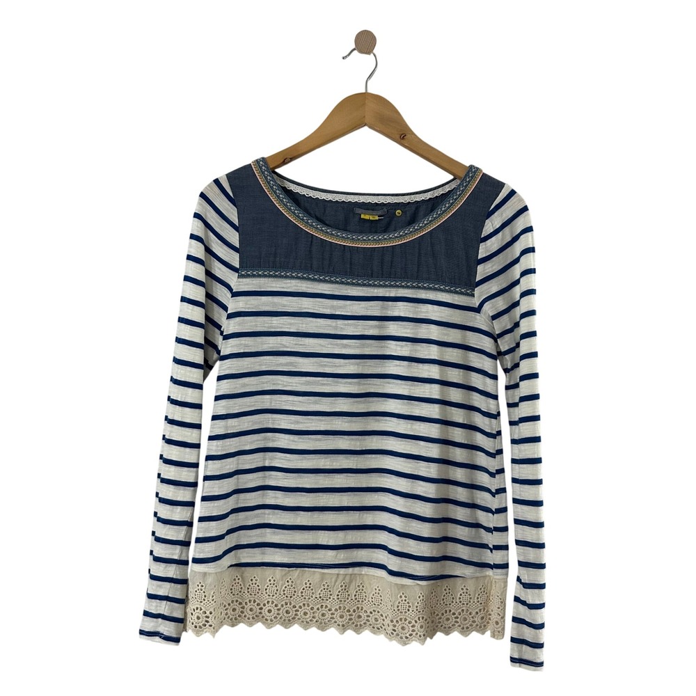 Little Yellow Button Striped Mixed Media Lace Hem Top Navy White Small Boho
